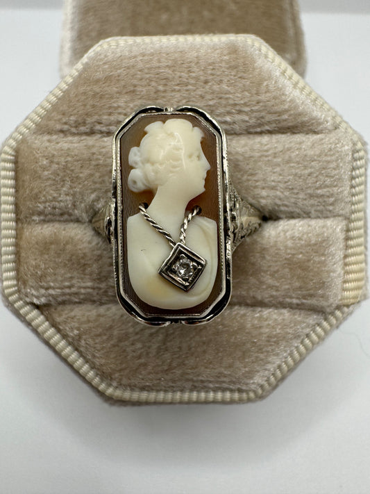 Heavy 9ct white gold art deco cameo, ruby and diamond spinner ring
