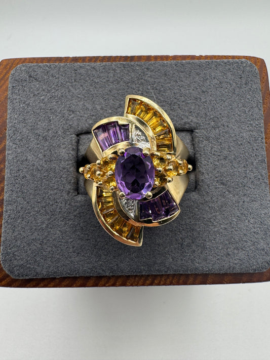 Heavy 9ct gold amethyst, citrine and diamond cocktail ring