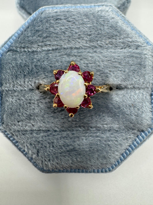 9ct gold opal and ruby cluster ring