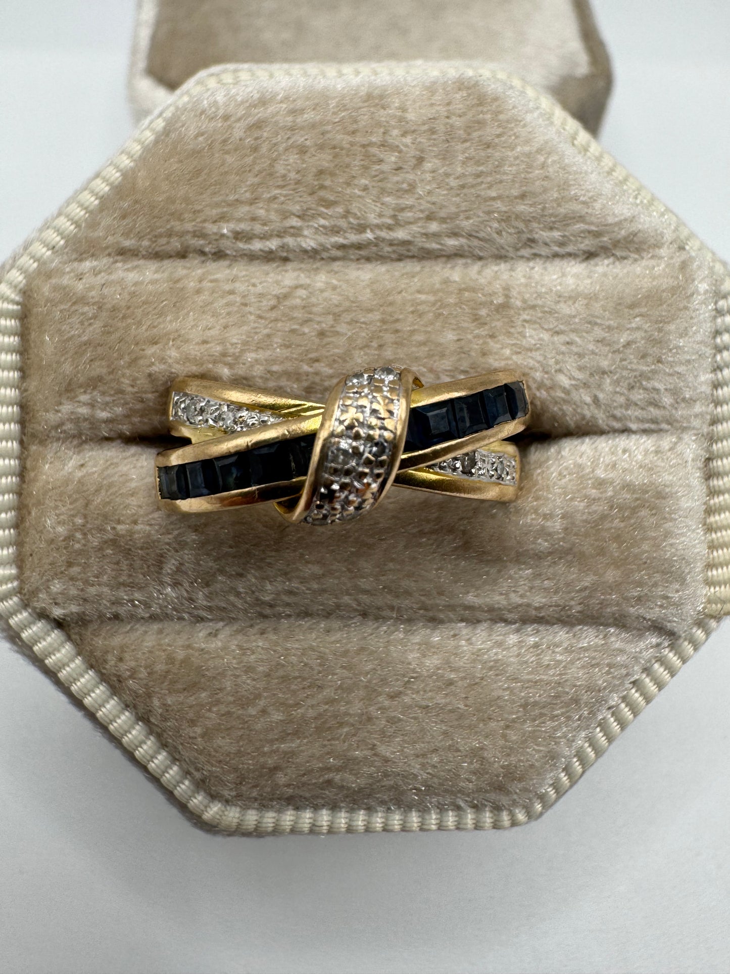 9ct gold sapphire and diamond crossover ring