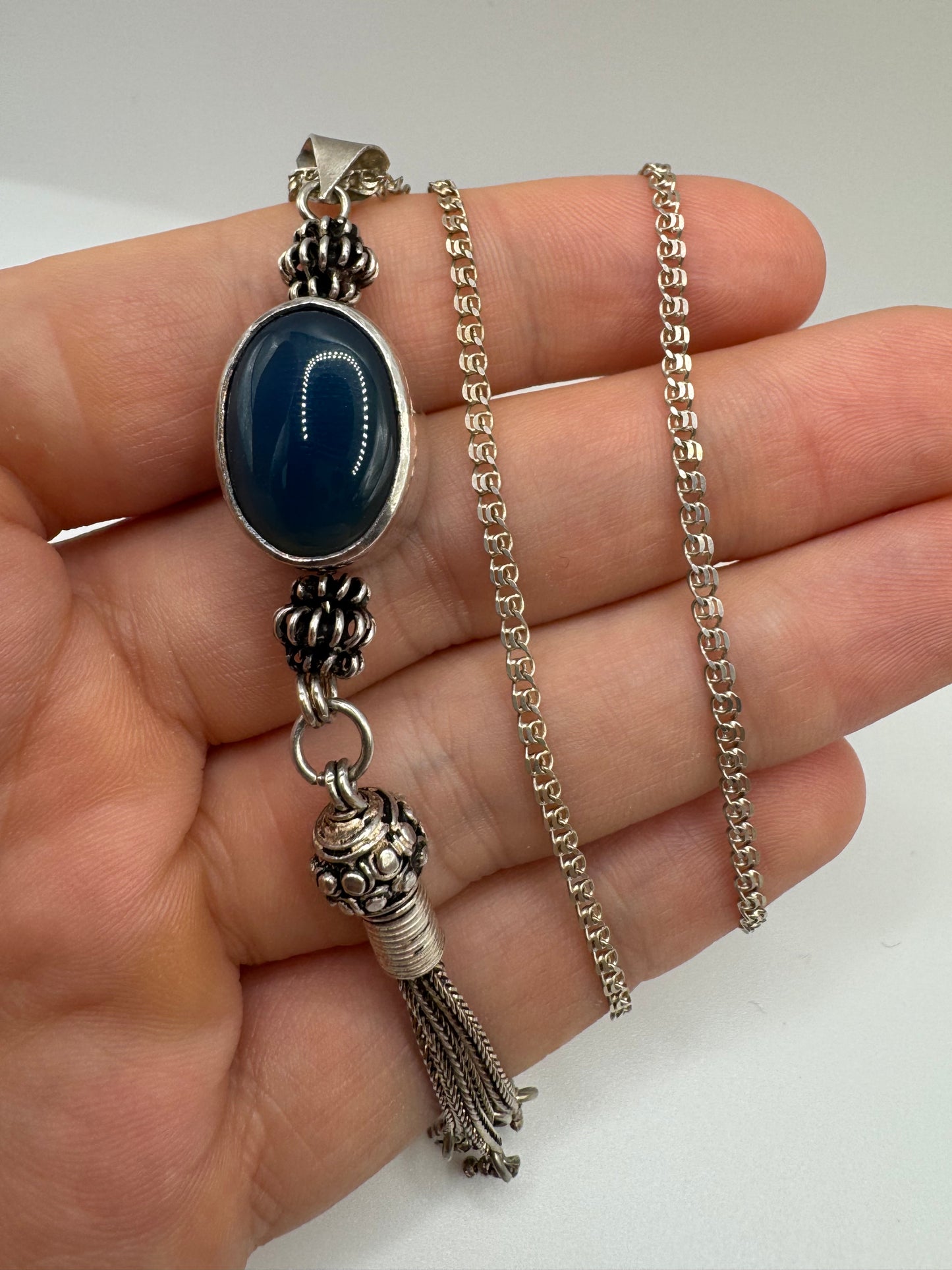 Vintage blue agate necklace with tassel