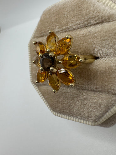 9ct gold Smokey quartz and citrine cluster ring