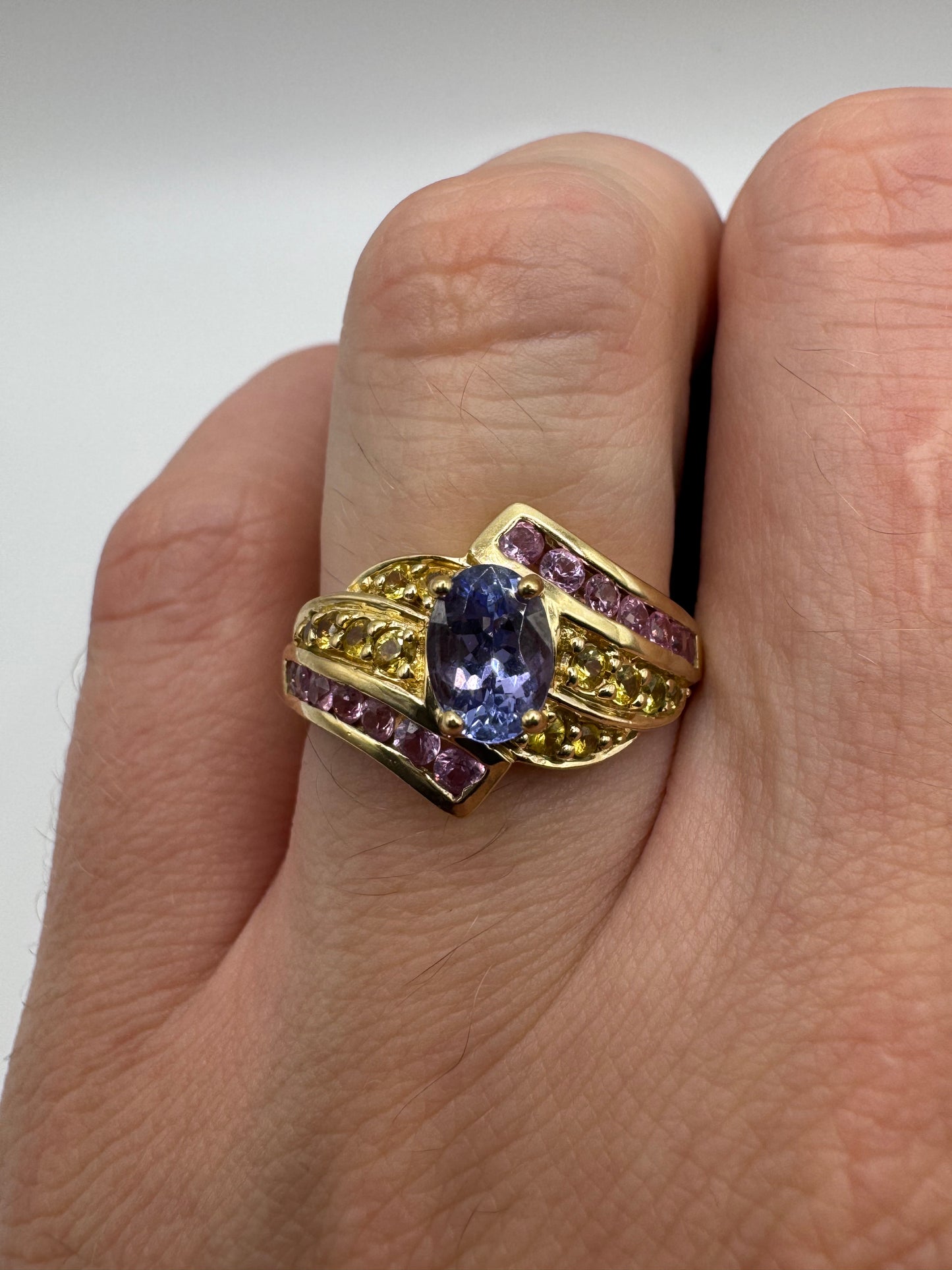 9ct gold tanzanite, citrine and pink topaz ring