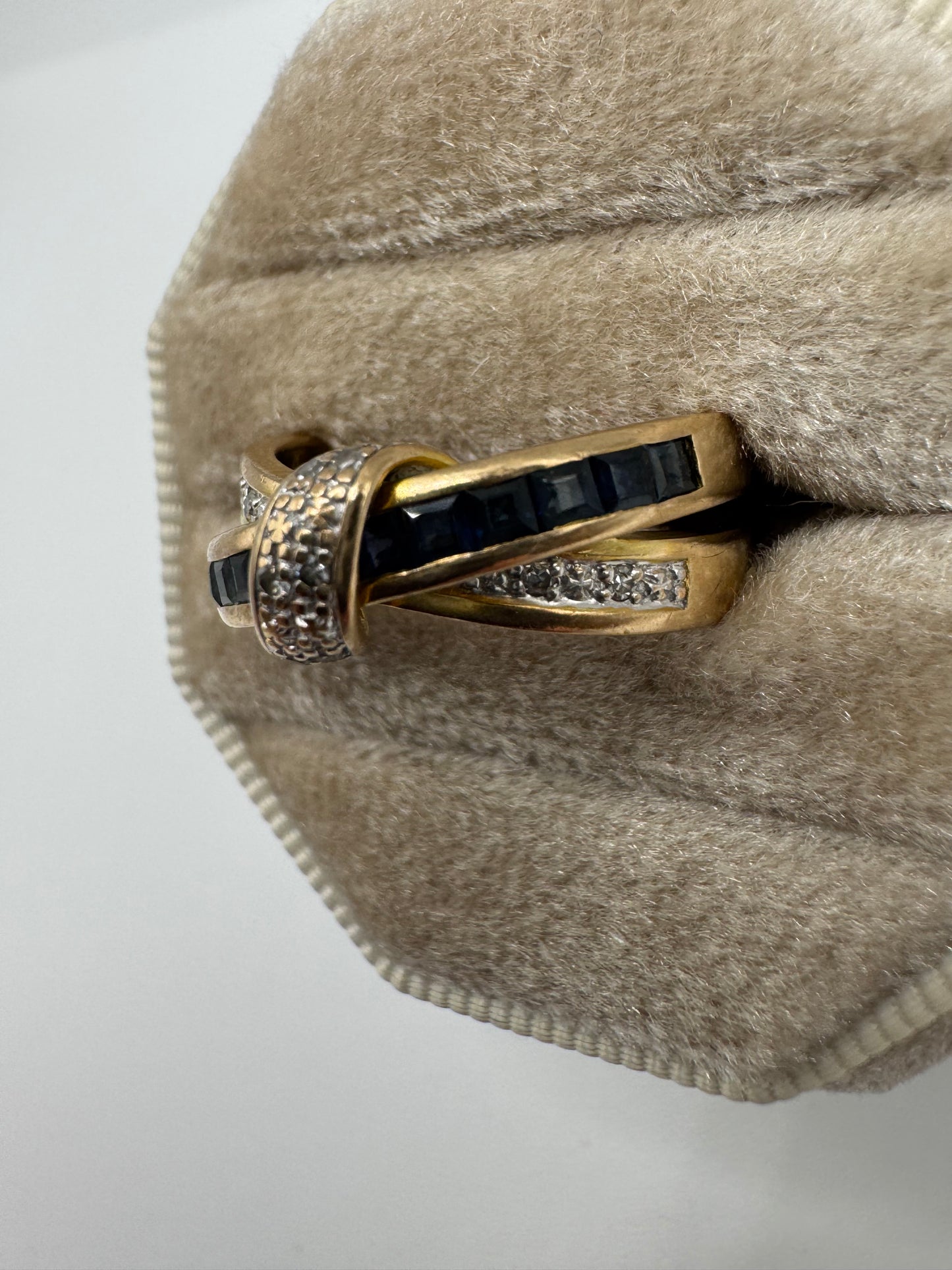 9ct gold sapphire and diamond crossover ring