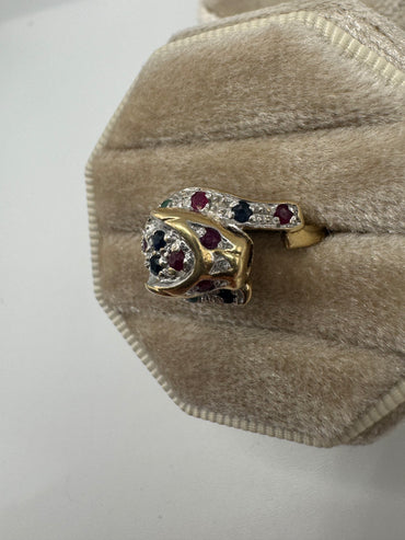 9ct gold ruby, sapphire, emerald and diamond leopard ring