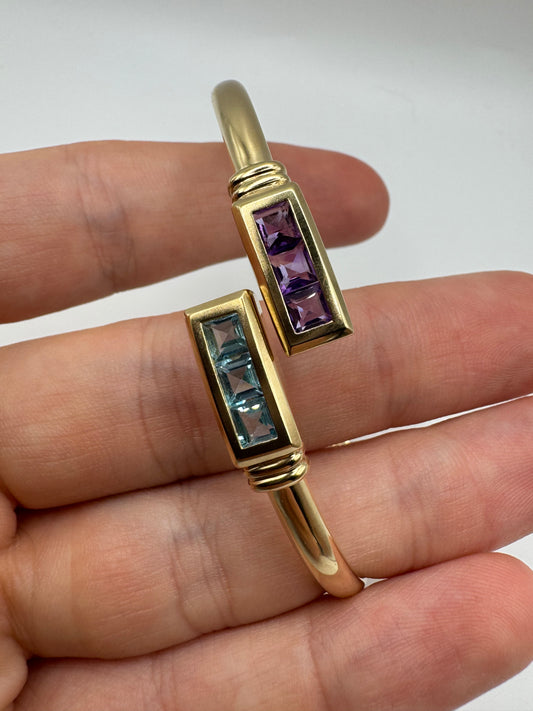 Heavy 9ct gold topaz and amethyst bangle (7.5”)