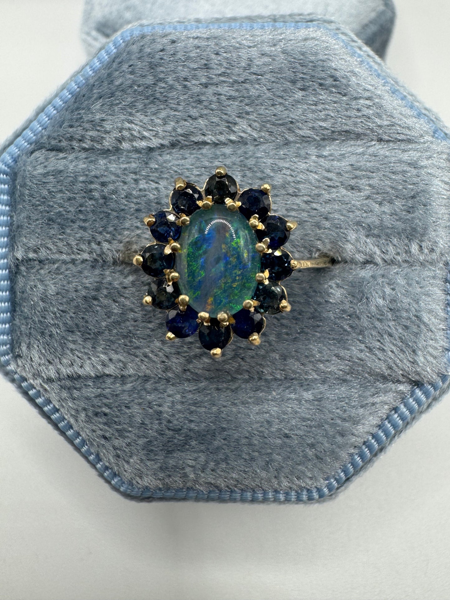 9ct gold black opal triplet and sapphire cluster ring