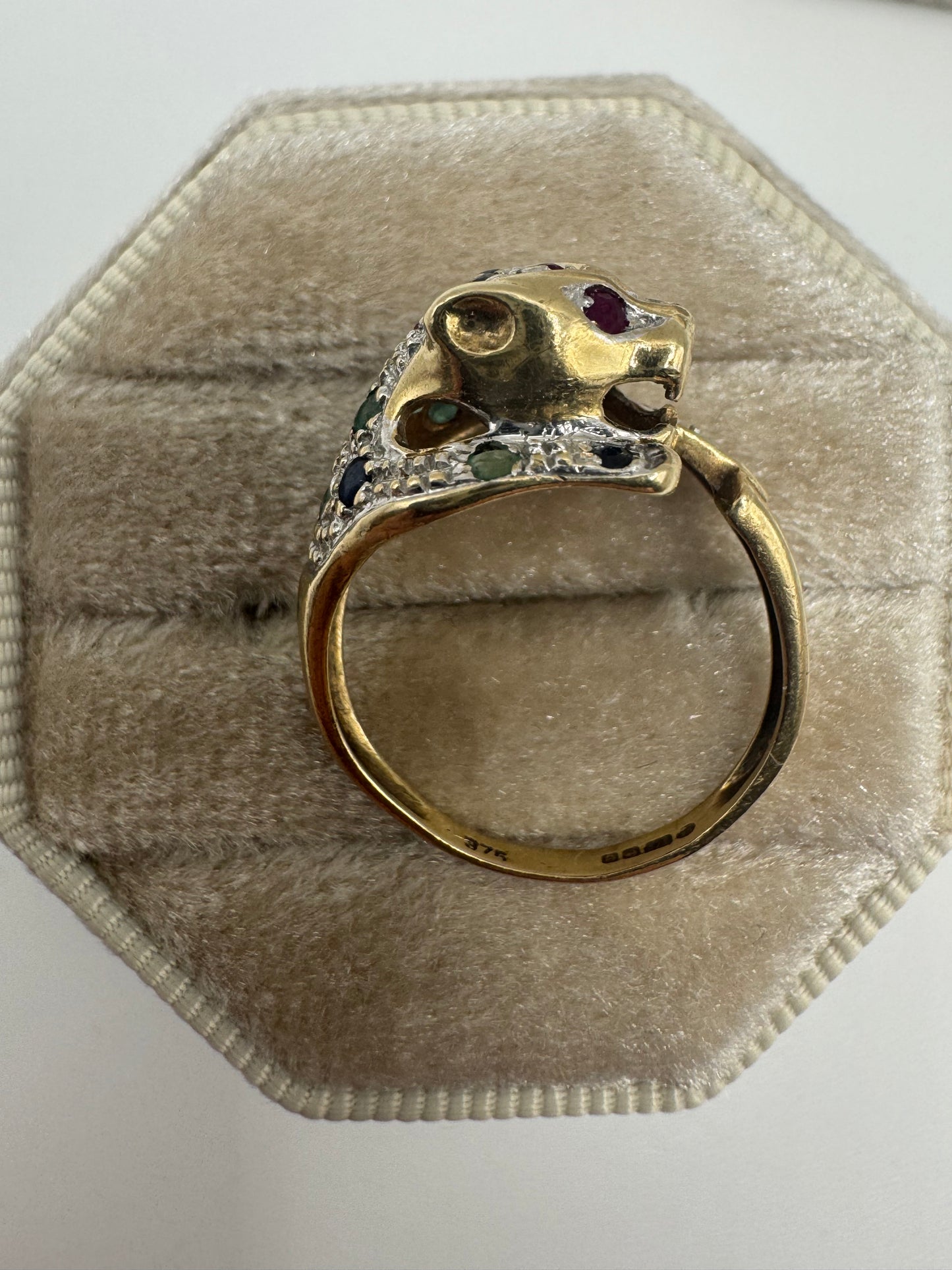 9ct gold ruby, sapphire, emerald and diamond leopard ring
